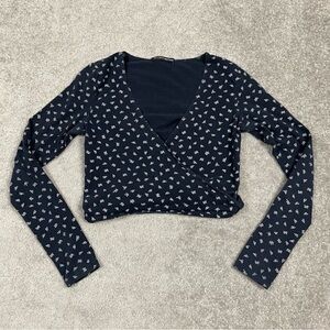 Brandy Melville Amara Dark Blue Floral Long Sleeve Top
